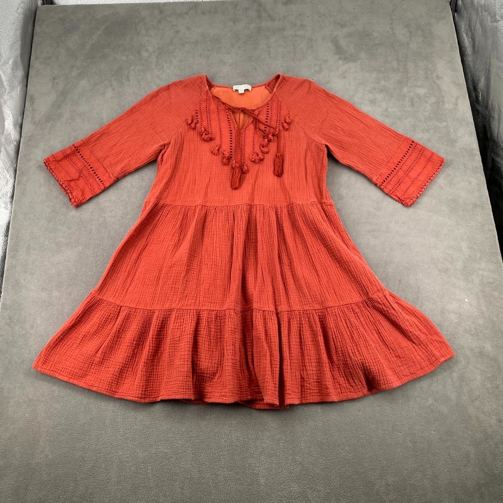 Anthropologie Eri + Ali Tunic Mini Dress Womens M Orange Tassel Tiered Peasant